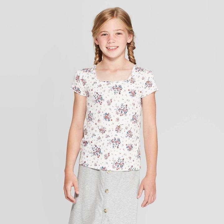 Girls' Lettuce Edge Square Neck Top - Art Class White