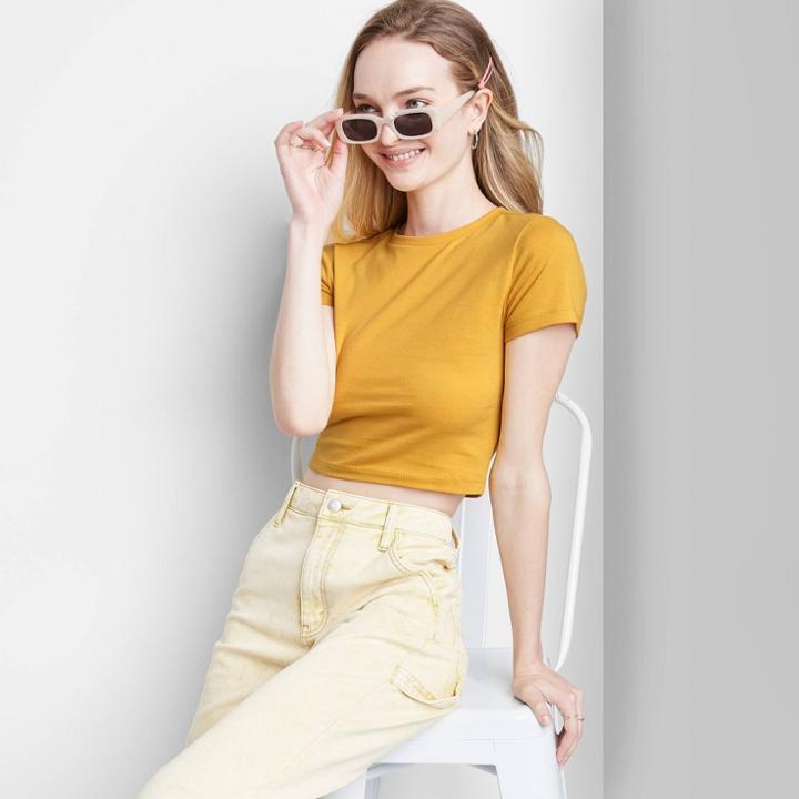 Women's Short Sleeve Cropped T-shirt - Wild Fable Mustard Yellow