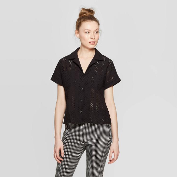 Women's Eyelet Short Sleeve Button-down Shirt - Who What Wear White