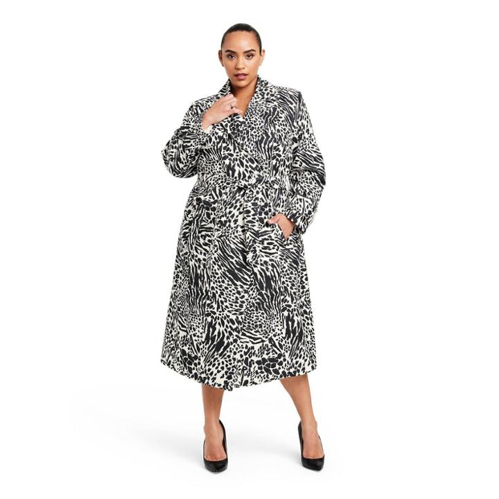 Women's Plus Size Animal Print Strong Shoulder Trench Coat - Sergio Hudson X Target Black/white
