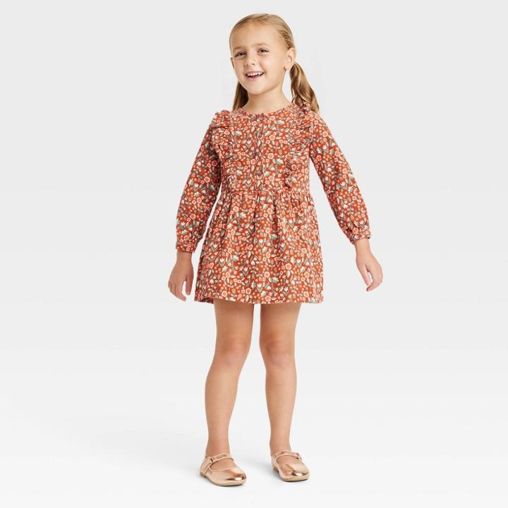 Toddler Girls' Floral Ruffle Cord Long Sleeve Dress - Cat & Jack Brown