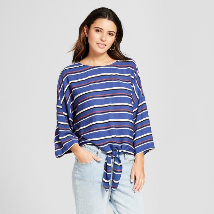 Women's 3/4 Exaggerated Sleeve Striped Tie Front Blouse - Mossimo Blue