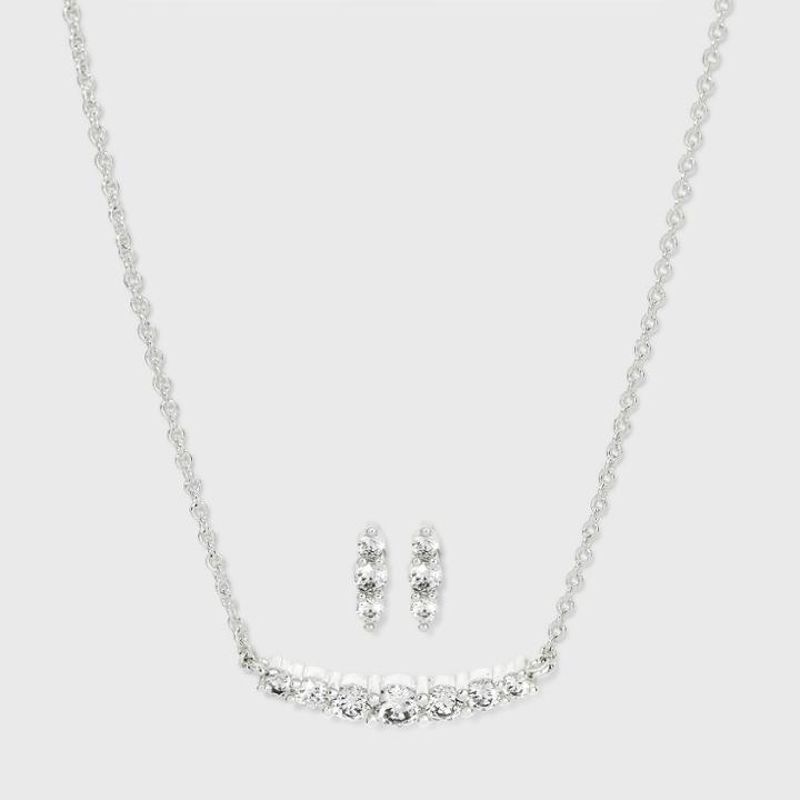 Silver Plated Cubic Zirconia Curved Bar With Stud Earring Station Necklace - A New Day
