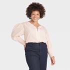 Women's Plus Size Long Sleeve Smocked Poplin Top - A New Day Pastel Peach 1x, Pastel Pink