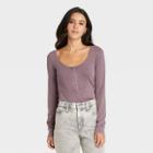 Women's Long Sleeve Henley Neck Rib Knit Shirt - Universal Thread Purple