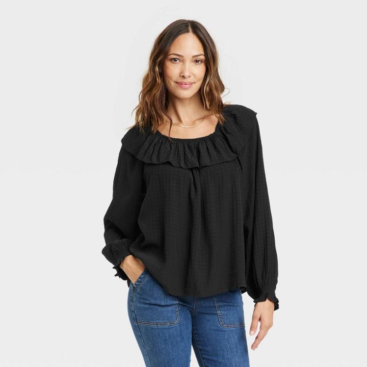 Women's Balloon Long Sleeve Ruffle Top - Knox Rose Black