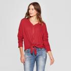 Women's Long Sleeve Waffle Knit Tie Front Blouse - Knox Rose Red