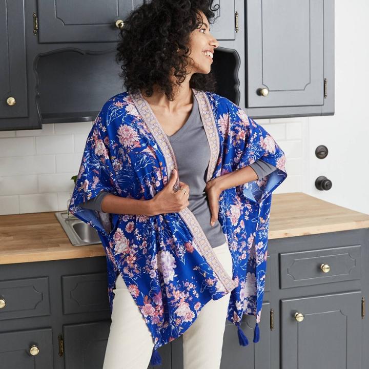 Women's Floral Print Long Sleeve Kimono Jacket - Knox Rose Blue Sapphire Xs/s, Blue/pink/blue