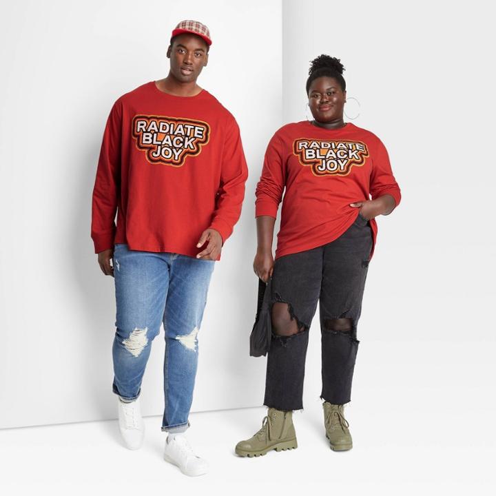 No Brand Black History Month Adult Unisex Plus Size Black Joy Long Sleeve Graphic T-shirt - Red