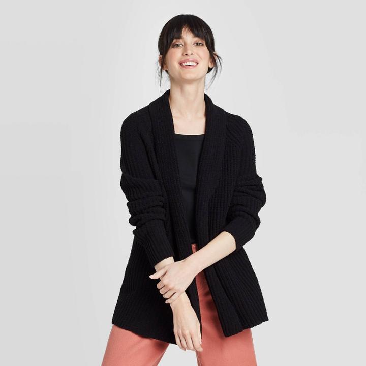 Women's Long Sleeve Chenille Open Layer Sweater Cardigan - A New Day Black