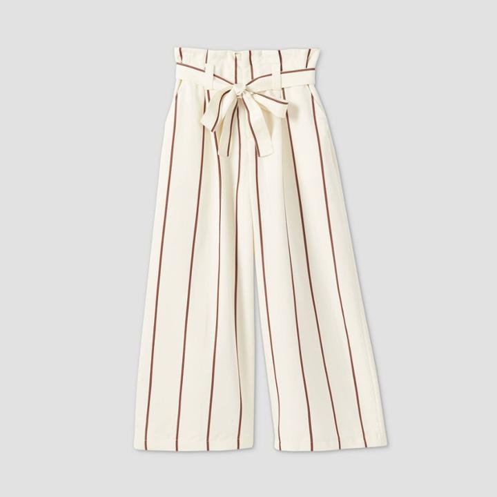 Women's Striped High-rise Tie Waist Cropped Wide Leg Pants - A New Day Cream/tan