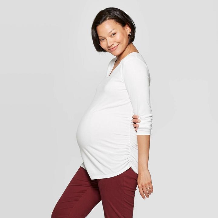 Maternity Long Sleeve V-neck Side Shirred T-shirt - Isabel Maternity By Ingrid & Isabel Fresh White