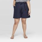 Women's Plus Size Linen Tie Waist Shorts - Ava & Viv Navy (blue)