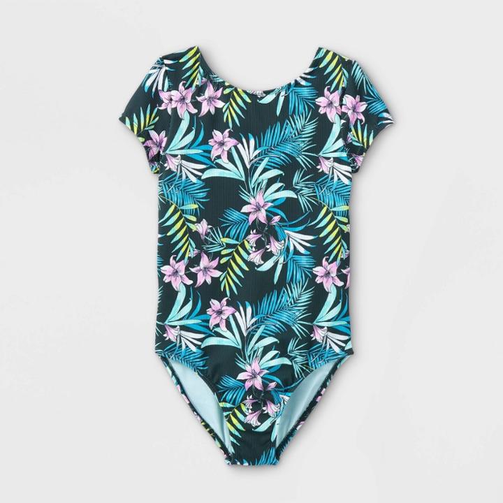 Girls' Tropical Print Open-back Short Sleeve One Piece Swimsuit - Art Class Black