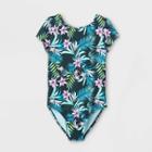 Girls' Tropical Print Open-back Short Sleeve One Piece Swimsuit - Art Class Black