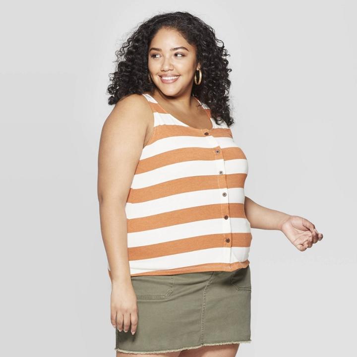 Women's Plus Size Striped Crewneck Button Front Tank Top - Universal Thread Orange