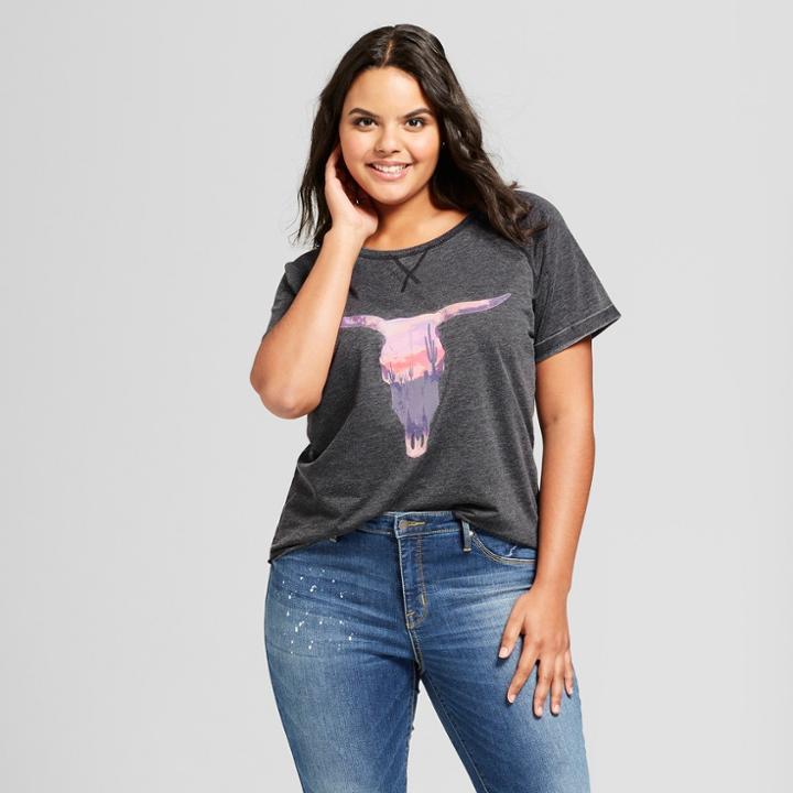 Women's Plus Size Skull French Terry Rolled Cuff Short Sleeve T-shirt - Grayson Threads (juniors') - Gray