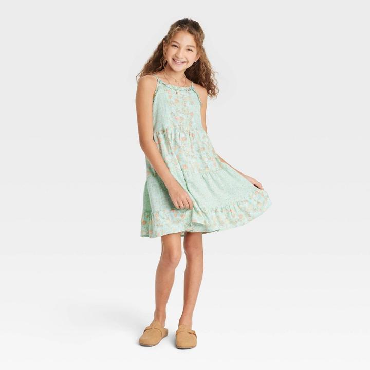 Girls' Cami Woven Floral Tiered Dress - Art Class Green