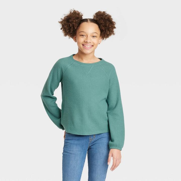 Girls' Cozy Waffle Long Sleeve Shirt - Cat & Jack Dusty Green