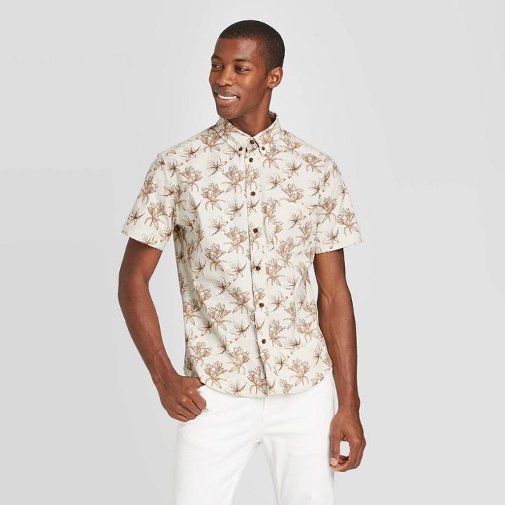 Men's Slim Fit Floral Print Short Sleeve Poplin Button-down Shirt - Goodfellow & Co Beach Beige S, Men's,