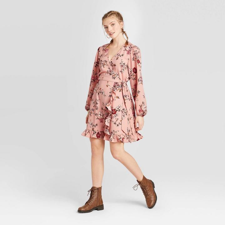 Women's Floral Print Long Sleeve V-neck Wrap Mini Dress - Xhilaration Blush Xs, Women's, Pink
