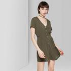 Women's Short Sleeve V-neck Button-front Romper - Wild Fable Olive (green)
