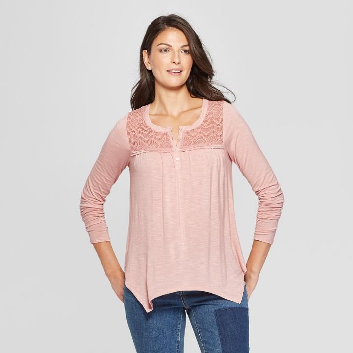 Women's Long Sleeve Lace Yoke Knit Blouse - Knox Rose Blush