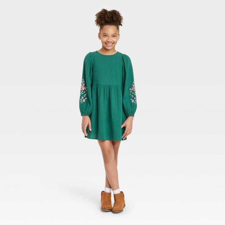 Girls' Long Sleeve Woven Dress - Cat & Jack Forest Green