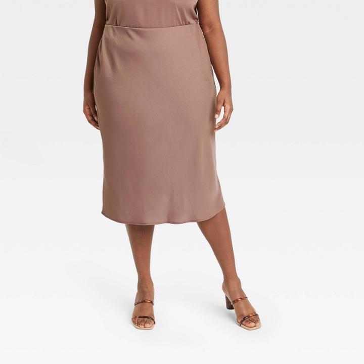 Women's Plus Size High-rise Midi Slip A-line Skirt - A New Day Brown