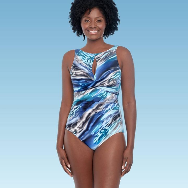 Women's Slimming Control High Neck Wrap Keyhole One Piece Swimsuit - Dreamsuit By Miracle Brands Blue