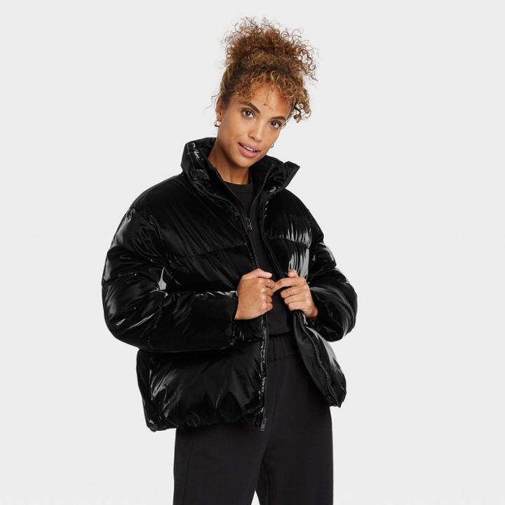Women's Short Puffer Jacket - A New Day Black