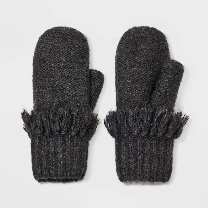 Women's Solid Mittens With Fringe - Universal Thread Black