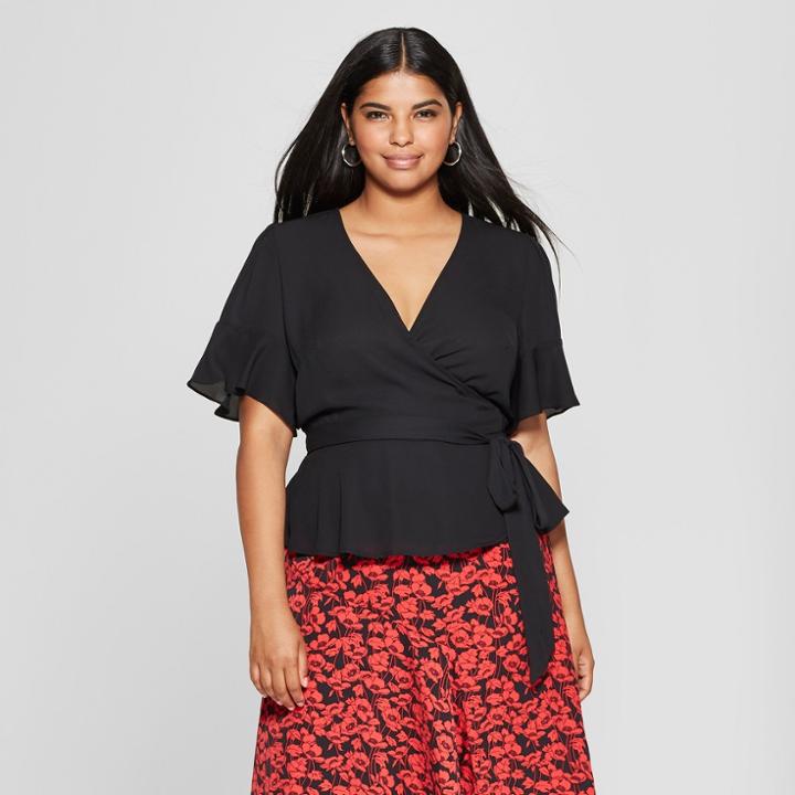 Women's Plus Size Short Sleeve Ruffle Wrap Top - Who What Wear Black