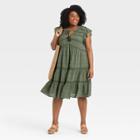Women's Plus Size Flutter Short Sleeve Peasant Shift Dress - Knox Rose Olive