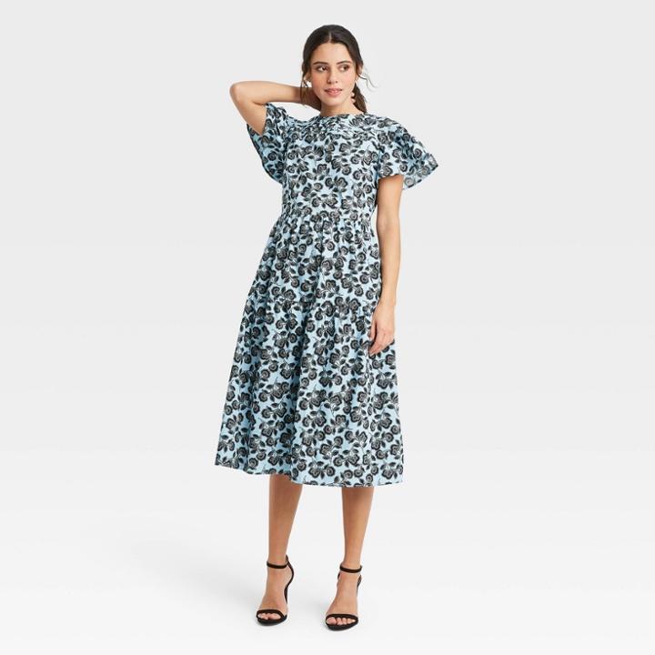 Women's Floral Print Flutter Short Sleeve A-line Dress - Who What Wear Blue