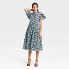 Women's Floral Print Flutter Short Sleeve A-line Dress - Who What Wear Blue