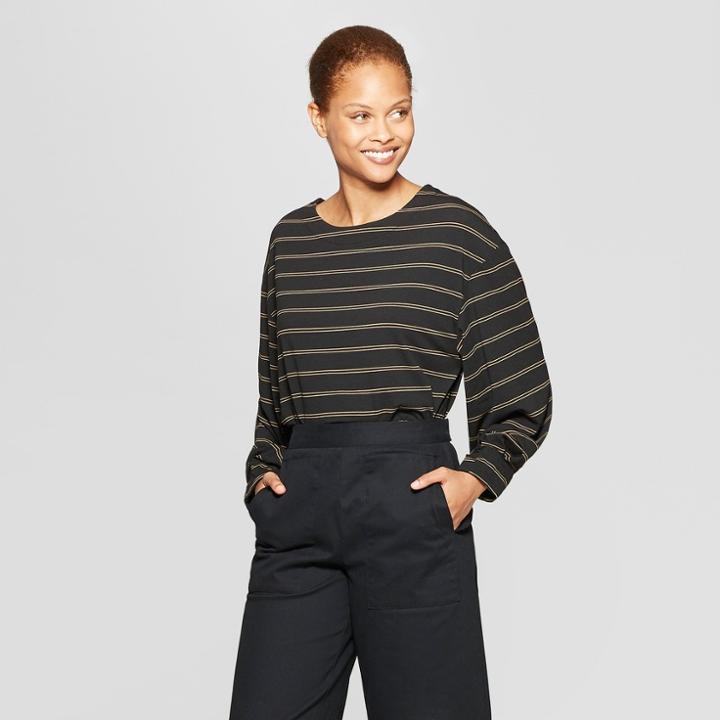 Women's Striped Long Sleeve Crew Neck T-shirt - Prologue Black