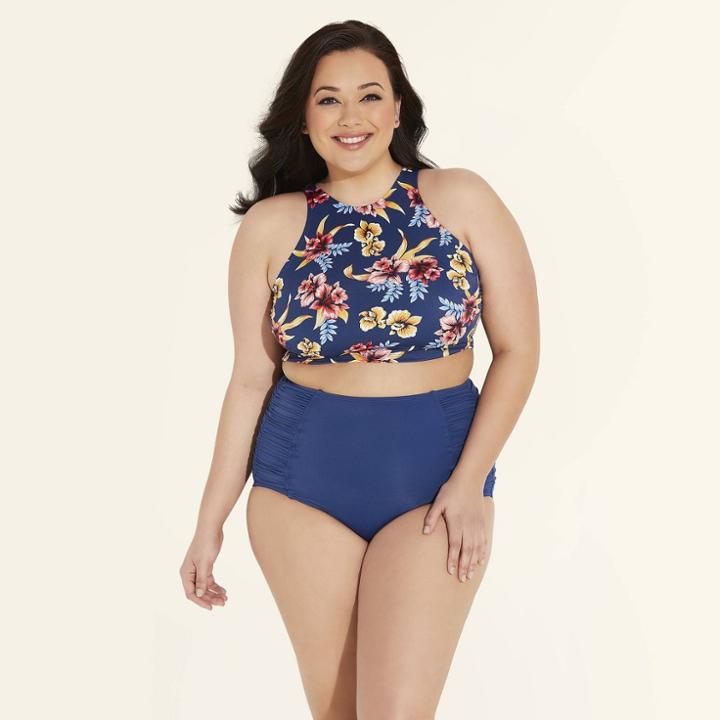 Women's Plus Size Slimming Control High Neck Bikini Top - Beach Betty By Miracle Brands Navy Floral
