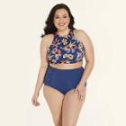 Women's Plus Size Slimming Control High Neck Bikini Top - Beach Betty By Miracle Brands Navy Floral