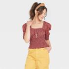 Women's Puff Elbow Sleeve Smocked Fitted Blouse - Universal Thread Burgundy Floral