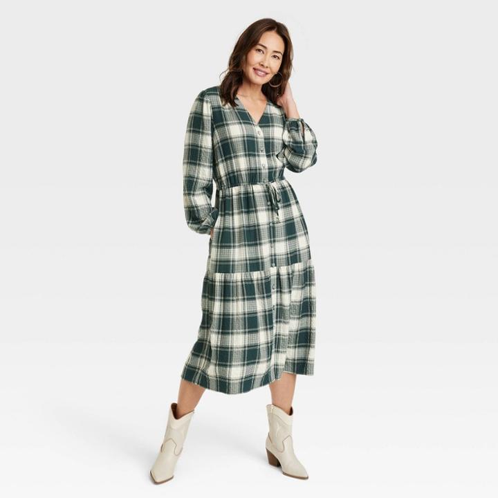 Women's Long Sleeve A-line Dress - Knox Rose Green Plaid