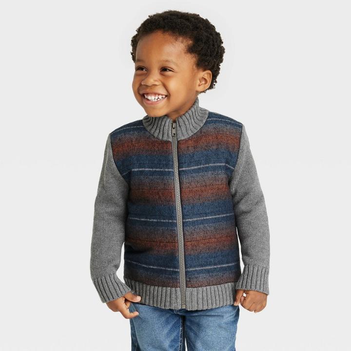 Toddler Boys' Quilted And Knit Zip-up Sweater - Cat & Jack Blue/brown