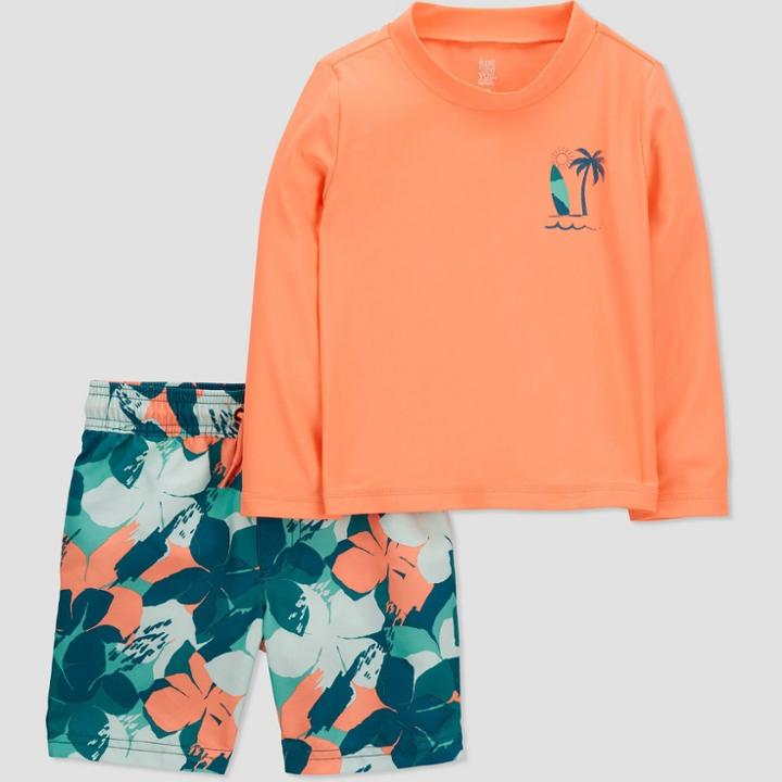 Carter's Just One You  Baby Boys' 2pc Long Sleeve Floral Print Rash Guard Set Blue/coral Orange