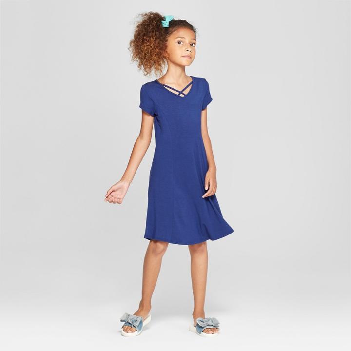Girls' Strappy Front Dress - Art Class Blue