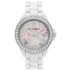 Women's Journee Collection Rhinestone Accent Roman Numeral Floral Dial Link Bracelet Watch - White