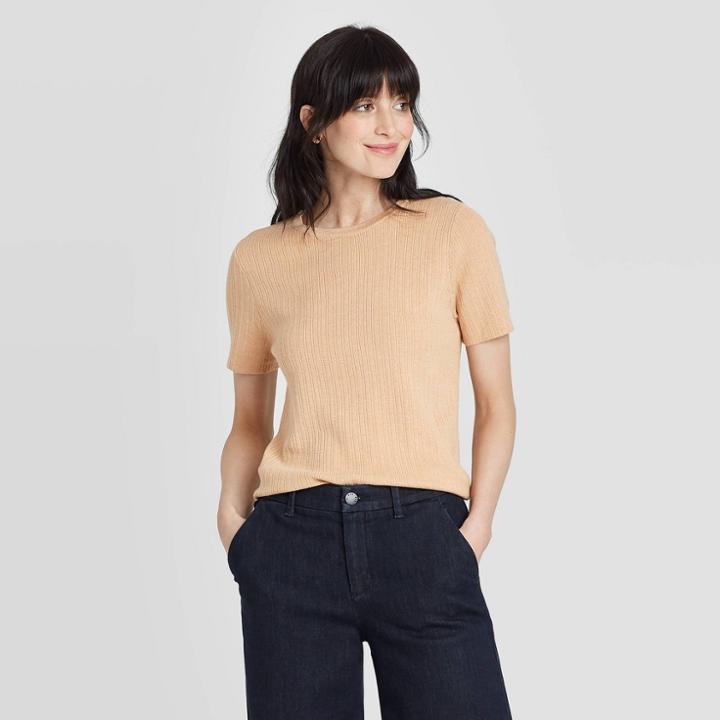 Women's Short Sleeve Crewneck Pullover Sweater - A New Day Tan