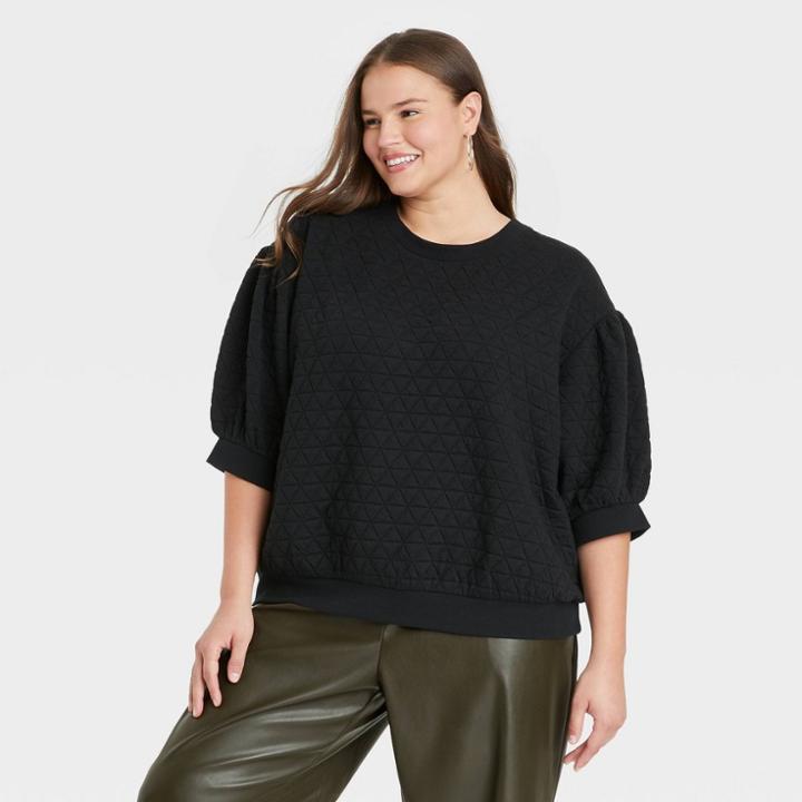 Women's Plus Size 3/4 Sleeve Quilted Pullover Sweatshirt - A New Day Black