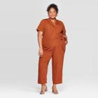 Women's Plus Size Short Sleeve Notch Collar Jumpsuit - Ava & Viv Rust 1x,