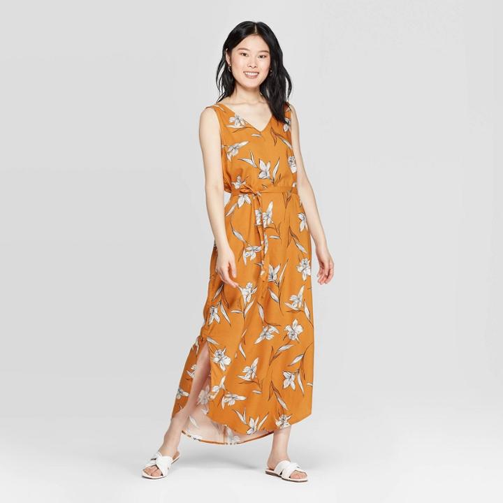 Women's Floral Print Sleeveless V-neck Maxi Dress - A New Day Rust