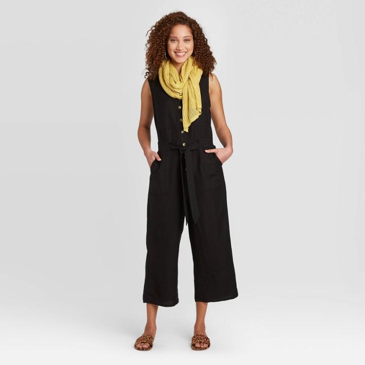 Women's Sleeveless V-neck Linen Jumpsuit - A New Day Black